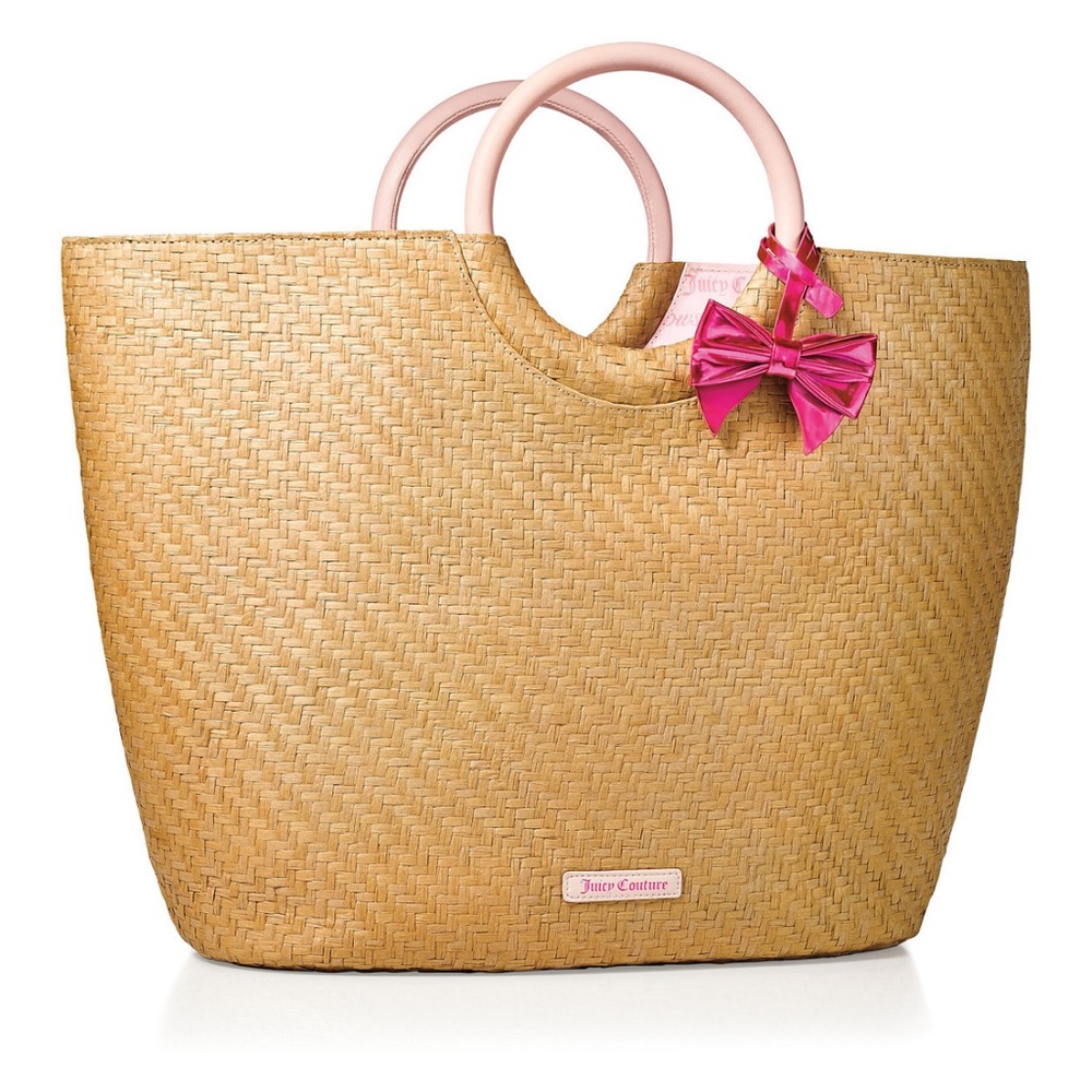 Juicy Couture Pink-Handle Straw Tote Bag with Fuchsia Bow